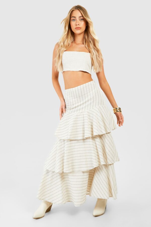 Womens Stripe Tiered Maxi Skirt - Beige - 12, Beige