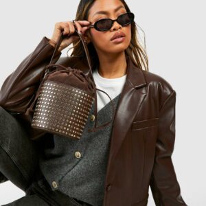 Womens Studded Bucket Crossbody Bag - Brown - One Size, Brown