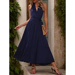 Women's Summer Dress Maxi Dress Backless Split Wedding Party Elegant Formal Halter Neck Sleeveless Navy Blue Color