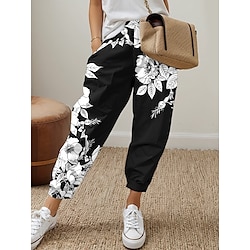 Women's Sweatpants Pants Trousers Pocket Print Mid Waist Long Black Spring