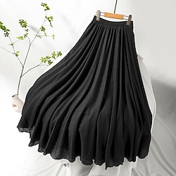 Women's Swing Long Skirt Linen Skirts Maxi Skirts Pleated Tulle Long Solid Colored Office / Career WorkWear Spring Summer Linen Cotton Blend Elegant Basic Casual Black White Yellow Light Green