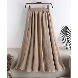 Women's Swing Long Skirt Linen Skirts Midi Skirts Ruched Pleated Solid Colored Daily Going out Spring Summer Cotton Blend Linen Cotton Blend Fashion Basic Casual Black White Pink Blue