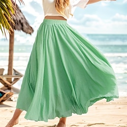 Women's Swing Long Skirt Maxi Skirts Layered Long Solid Colored Holiday Casual Daily Spring Summer Linen Cotton Blend Casual Summer Light Yellow Pink purple Mint Green Lavender