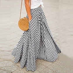 Women's Swing Plaid Skirt Long Skirt Maxi Skirts Pocket Plaid Tartan Plaid Checkered Street Vacation Summer Cotton Spandex Fashion coastalgrandmastyle Basic Summer Black Blue