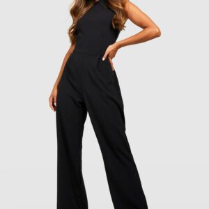 Womens Tailored High Neck Cinched Waist Wide Leg Jumpsuit - Black - 16, Black