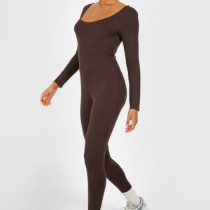 Womens Tall Basic Jersey Scoop Longsleeve Unitard - Brown - 16, Brown