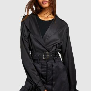 Womens Tall Crop Belted Biker Trench Coat - Black - 6, Black