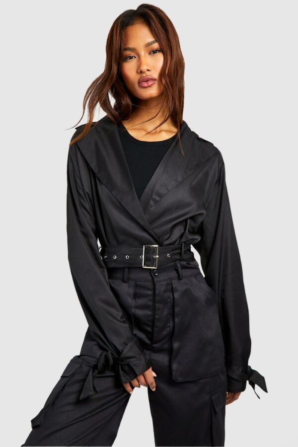 Womens Tall Crop Belted Biker Trench Coat - Black - 6, Black