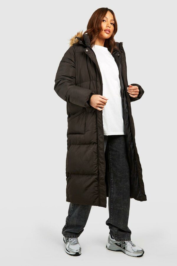 Womens Tall Faux Fur Hood Longline Padded Coat - Black - 10, Black