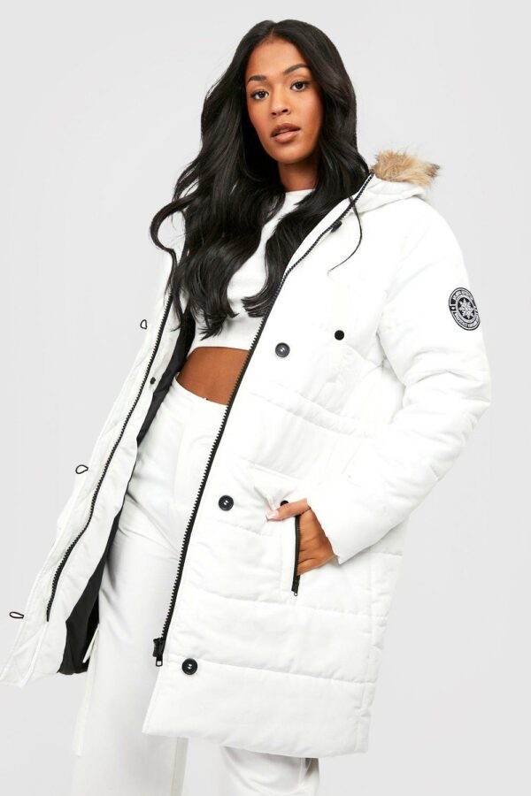 Womens Tall Faux Fur Trim Badge Detail Parka - White - 14, White