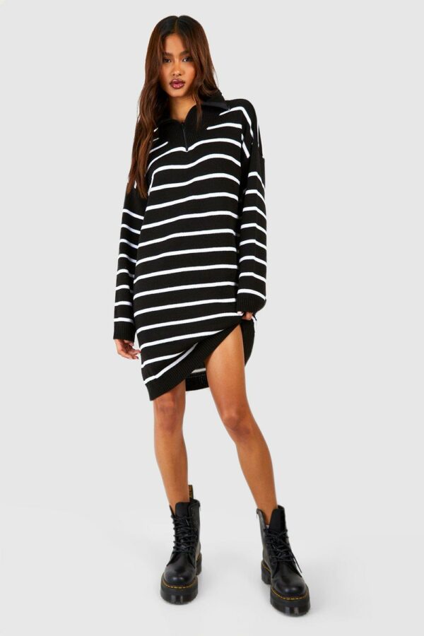 Womens Tall Half Zip Slim Stripe Knitted Jumper Dress - Black - 8, Black