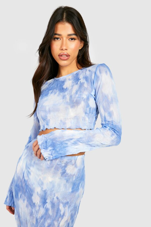 Womens Tall Marble Mesh Longsleeve Crop Top - Blue - 10, Blue