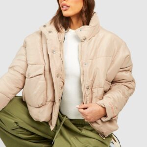 Womens Tall Padded Oversized Cropped Puffer Jacket - Beige - 10, Beige