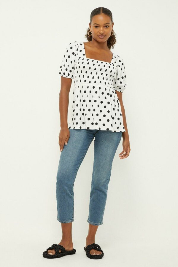 Womens Tall Shirred Mono Spot Short Sleeve Blouse