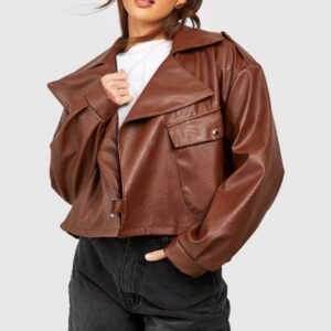 Womens Tall Textured Faux Leather Biker Jacket - Brown - 8, Brown