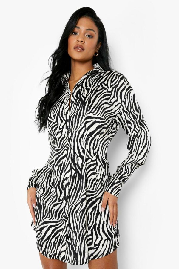 Womens Tall Zebra Print Cinched In Waist Shirt Dress - Black - 6, Black