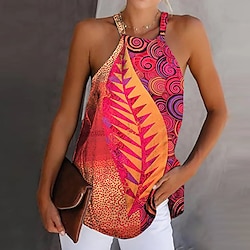 Women's Tank Top Boho Red Leaf Print Graphic Halter Neck Sleeveless Tank Ethnic Summer Stylish Casual Tank Top