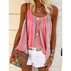 Women's Tank Top Camisole Summer Tops Yellow Pink Blue Stripes Pleated Holiday Boho Round Neck S