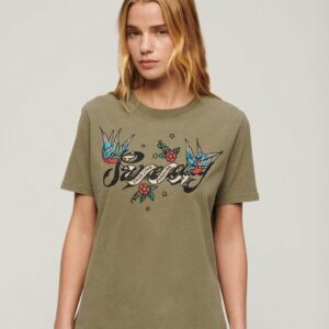 Women's Tattoo Script Graphic T-Shirt Khaki / Moss Khaki - Size: 6