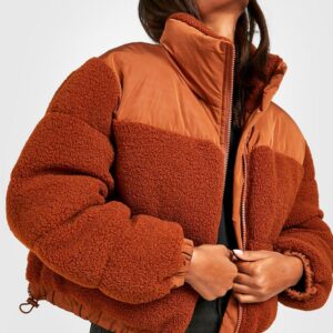 Womens Teddy Faux Fur Panelled Puffer Jacket - Brown - 10, Brown