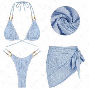 Women's Textured Beading Halter Neck Strappy Flossing Triangle Thong High Cut Bikini Set Cover Up Sarong Skirt 3PC Beach Vacation Swimwear Set Light