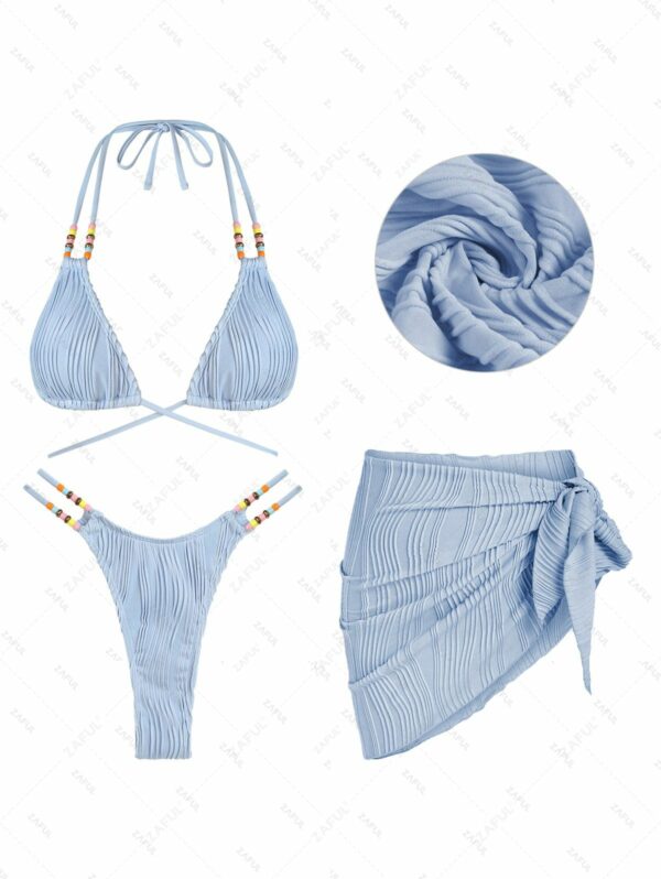 Women's Textured Beading Halter Neck Strappy Flossing Triangle Thong High Cut Bikini Set Cover Up Sarong Skirt 3PC Beach Vacation Swimwear Set Light