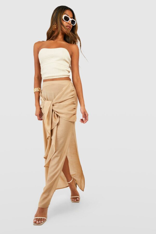 Womens Textured Cheesecloth Knot Front Maxi Skirt - Brown - 12, Brown