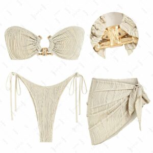 Women's Textured Metal O Ring Decor Lace Up Back Tied Side Bandeau Tanga Bikini With Mini Sarong Skirt 3PC Beach Vacation Swimwear Set Light coffee