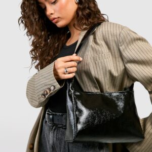 Womens Textured Patent Shoulder Bag - Black - One Size, Black