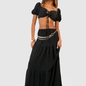 Womens Textured Puff Sleeve Bralette & Tiered Maxi Skirt - Black - 12, Black