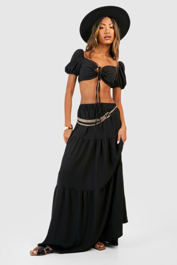 Womens Textured Puff Sleeve Bralette & Tiered Maxi Skirt - Black - 12, Black