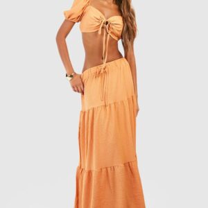 Womens Textured Puff Sleeve Bralette & Tiered Maxi Skirt - Orange - 16, Orange