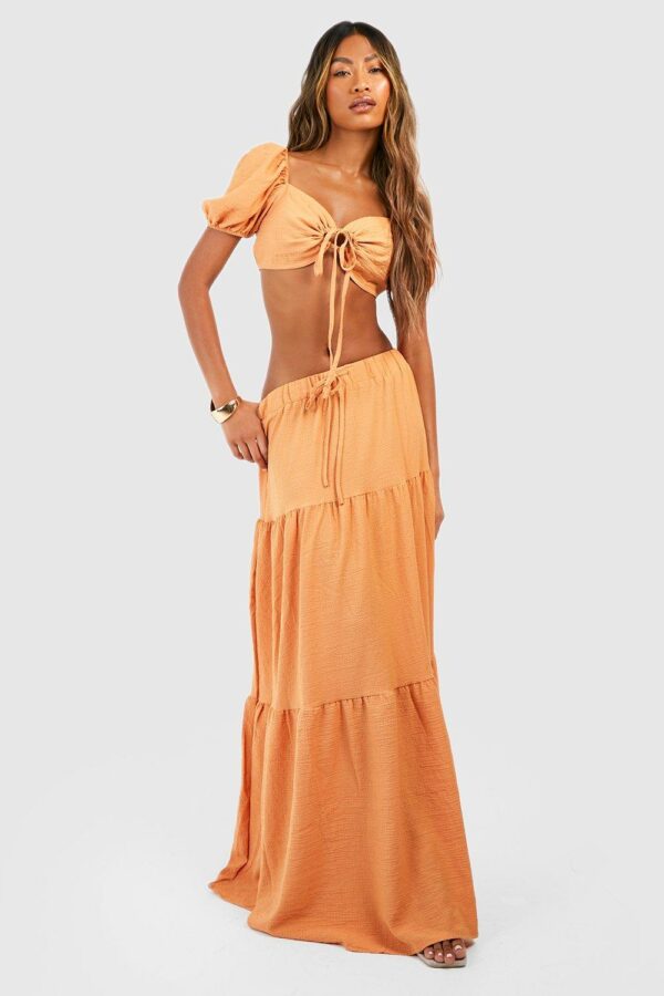 Womens Textured Puff Sleeve Bralette & Tiered Maxi Skirt - Orange - 16, Orange