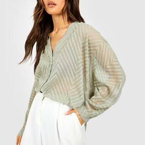 Womens Textured Relaxed Fit Volume Sleeve Blouse - Green - 16, Green