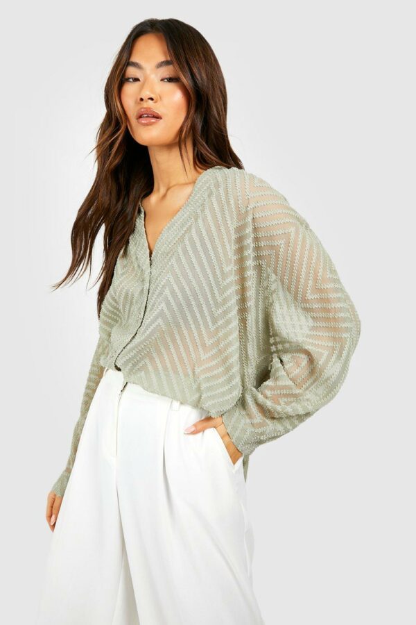 Womens Textured Relaxed Fit Volume Sleeve Blouse - Green - 16, Green