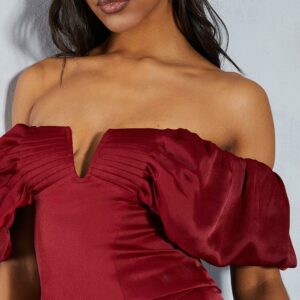 Womens Textured Satin Pleated Bust Frill Bardot Top - berry - 6, Berry