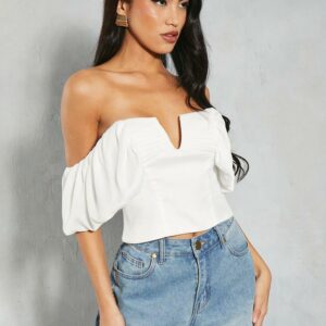 Womens Textured Satin Pleated Bust Frill Bardot Top - ivory - 10, Ivory