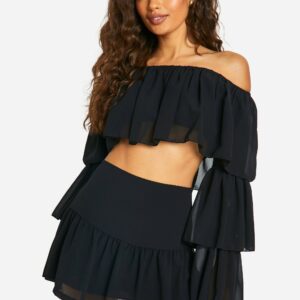 Womens Tiered Flared Sleeve Floaty Crop & Mini Skirt - Black - 6, Black