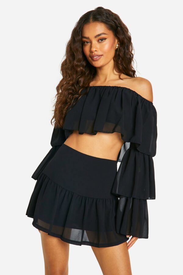 Womens Tiered Flared Sleeve Floaty Crop & Mini Skirt - Black - 6, Black