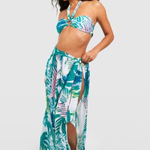 Womens Tropical 3 Pack Bikini Set & Maxi Sarong - Green - 8, Green