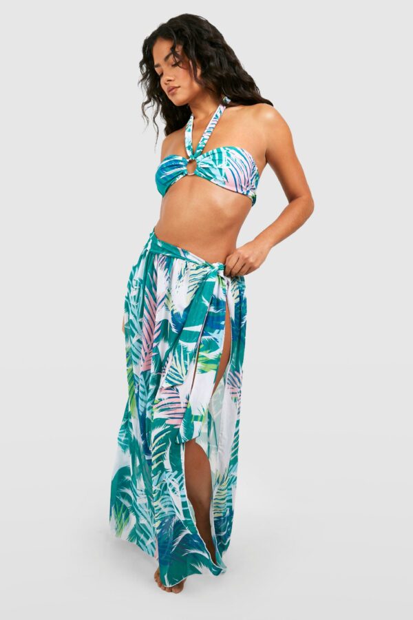 Womens Tropical 3 Pack Bikini Set & Maxi Sarong - Green - 8, Green