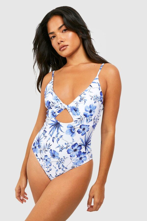 Womens Tummy Control Porcelain Print Twist Swimsuit - Blue - 8, Blue