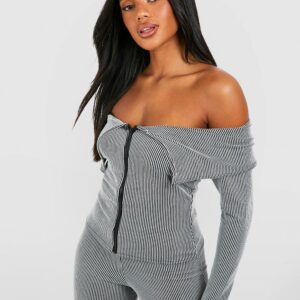 Womens Two Tone Rib Bardot Zip Through Long Sleeve Top - Grey - S, Grey