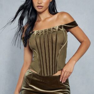 Womens Velvet Bardot Panelled Corset Top - olive - 10, Olive