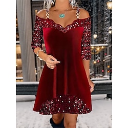 Women's Velvet Dress Mini Dress Cotton Cold Shoulder Party Date Streetwear V Neck Long Sleeve Wine Gold Green Color