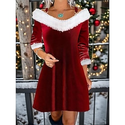 Women's Velvet Dress Party Dress Feather Dress Velvet V Neck Long Sleeve Color Block Mini Dress Christmas Wedding Guest Wine Green Spring Fall