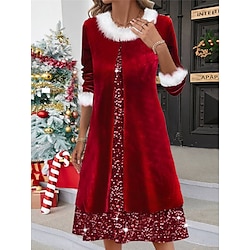 Women's Velvet Dress Sequin Dress Party Dress Velvet Sequins Patchwork Crew Neck Long Sleeve Midi Dress Christmas Wedding Guest Wine Spring Fall