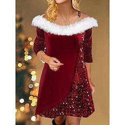 Women's Velvet Dress Sequin Dress Party Dress Velvet Sequins Patchwork Spaghetti Strap Long Sleeve Mini Dress Christmas Wedding Guest Wine Fall Winter