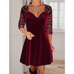 Women's Velvet Dress Sequin Dress Party Dress Velvet Sequins V Neck Long Sleeve Mini Dress Birthday Cocktail Party Elegant Wine Spring Fall