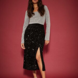 Womens Velvet Sequin Midi Skirt